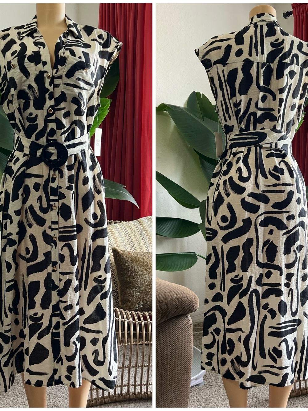 Sleeveless Black & Cream Abstract Print Belted Shirt Dress